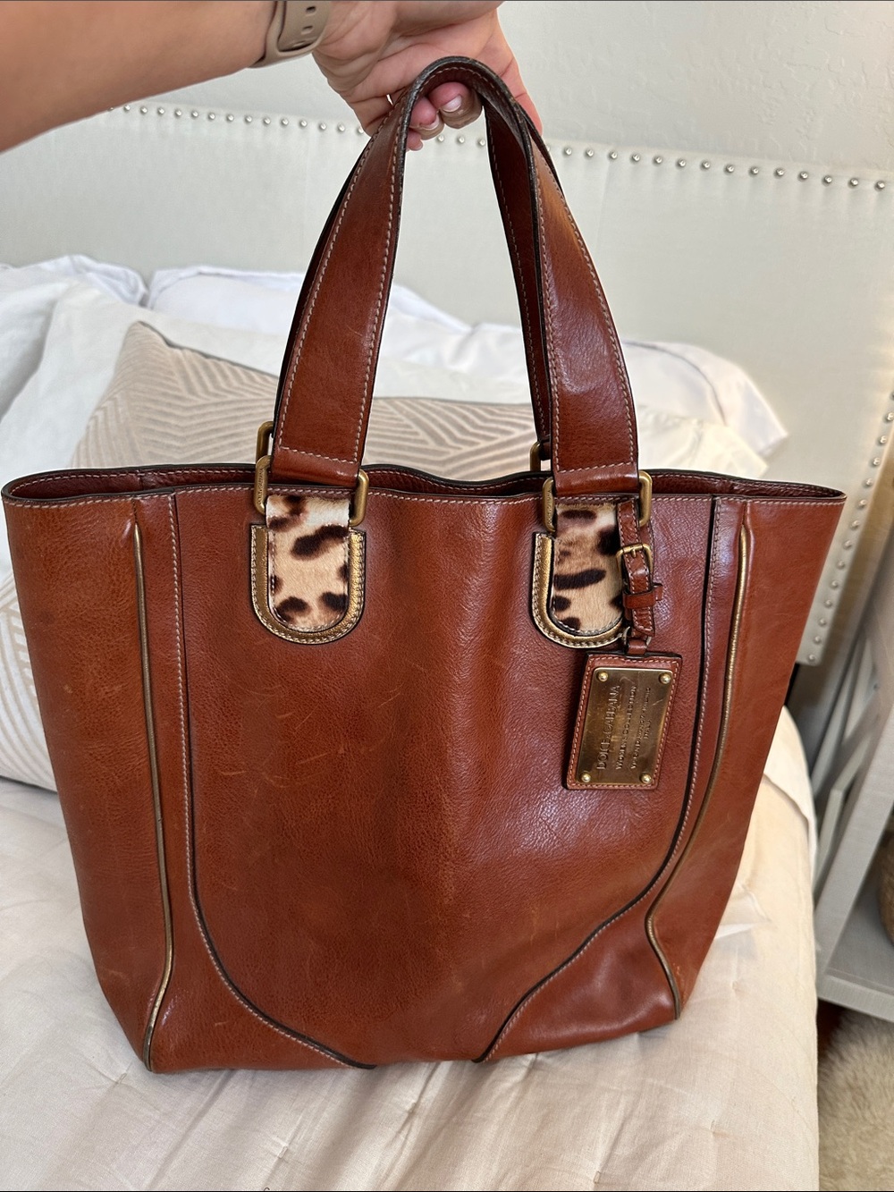 Brown Leather Dolce & Gabbana Tote Bag with Leopard and Gold Accents